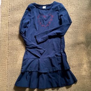 Navy blue Polarn O. Pyret long-sleeved jersey dress with sequin heart sz 10/12